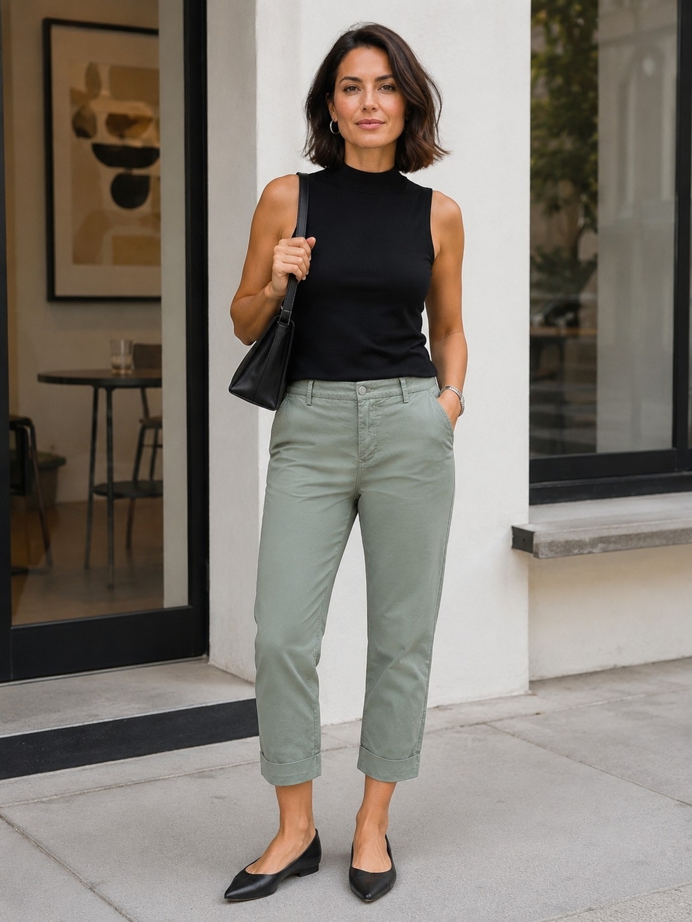 Closed Sage Green Pima Cotton Chino Capri Pants Cuffed Cropped